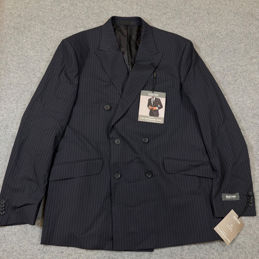 Kenneth Cole Reaction Mens 42R Navy Pinstripe Double Breasted Slim Fit Blazer
